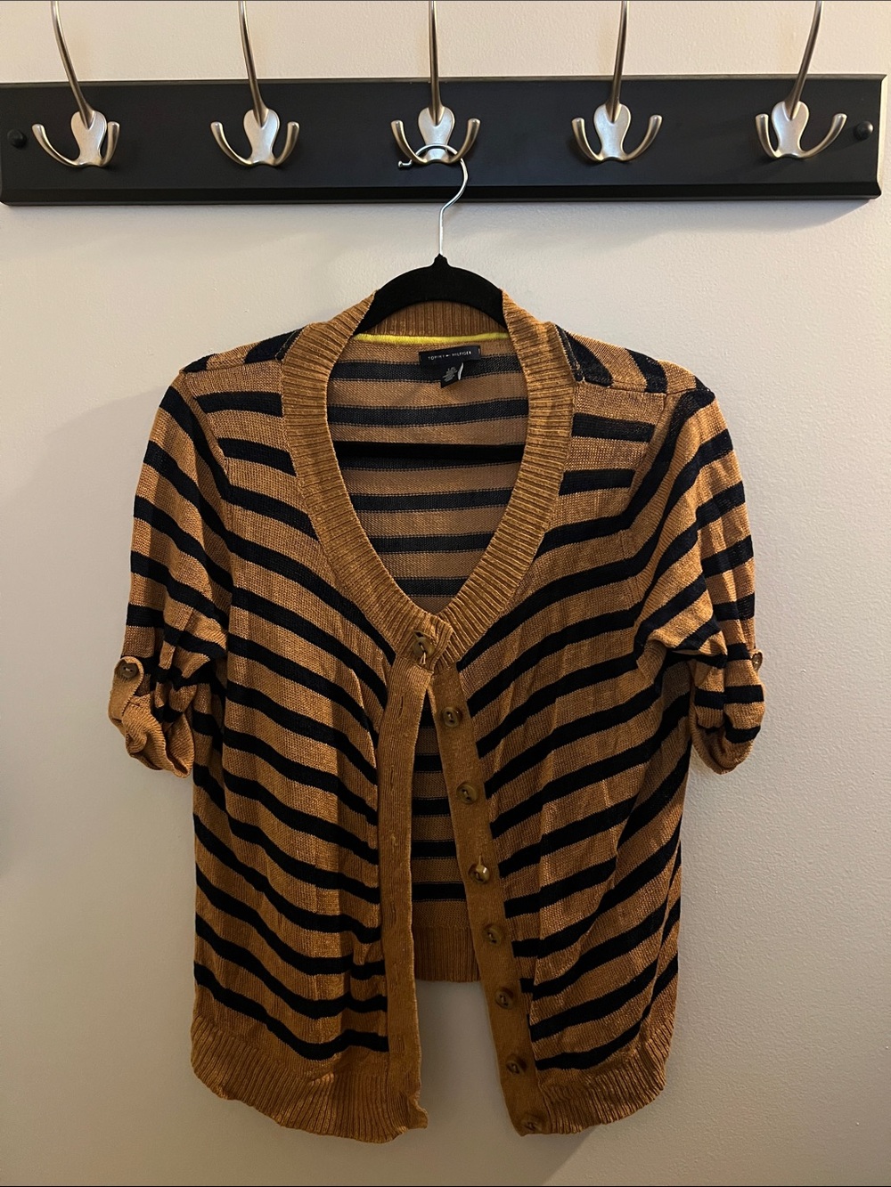Tommy Hilfiger Striped Short-Sleeve Cardigan in Brown and Black